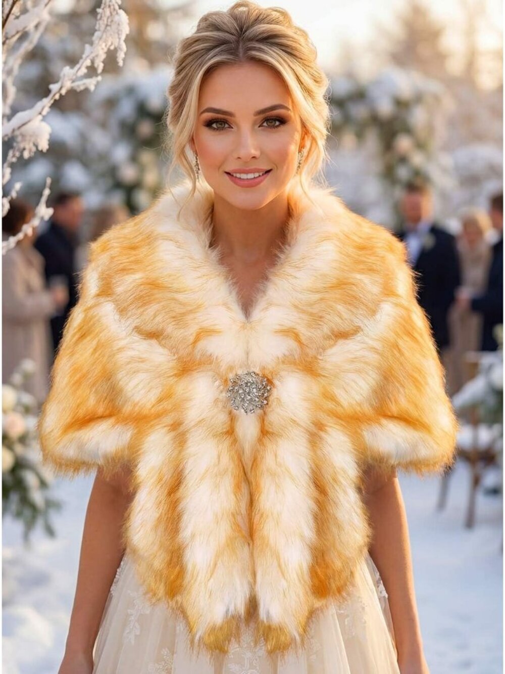 Women's White-champag Faux Fur Shawl Rhinestones Brooch Stylish Wraps and Shawls - Picture 7 of 7